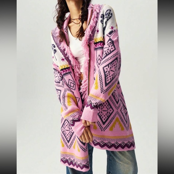Luxe Boho Abstract Aztec Print Fringe Open Front Knit Sweater Cardigan Pink - Picture 5 of 6